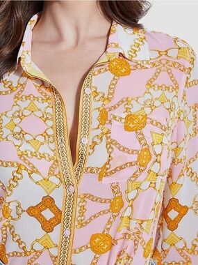 Guess women's Madyson long sleeves shirt pink and gold chain print size XS/S
